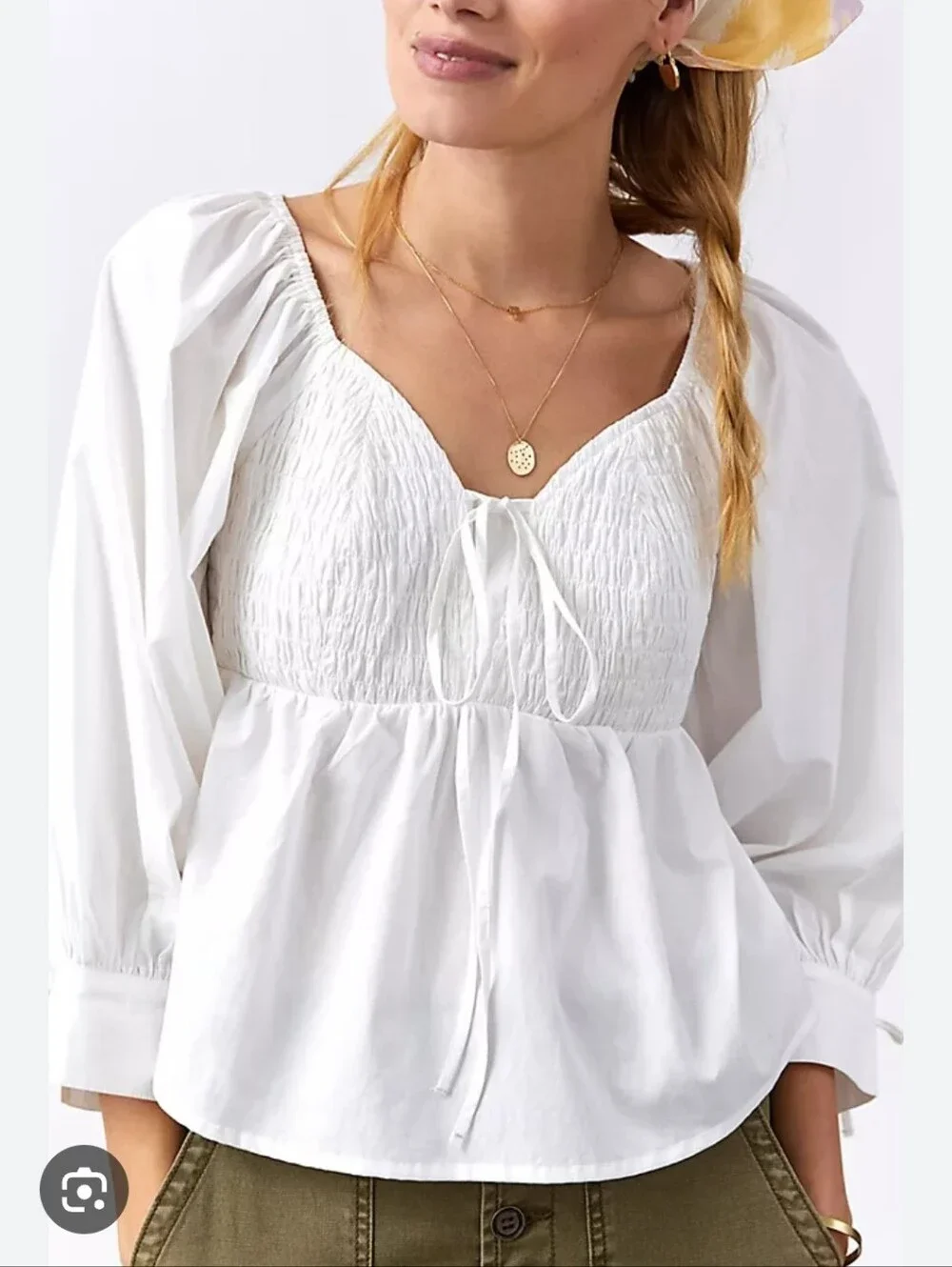 Anthropologie White Smocked Sweetheart Blouse Peasant Top